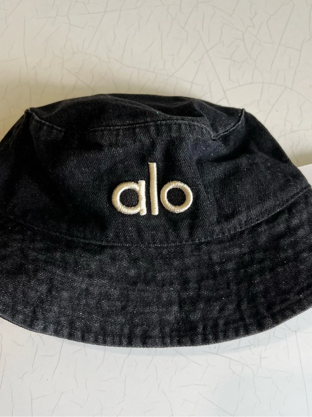 Alo Black Denim Bucket Hat with White Logo embroidered